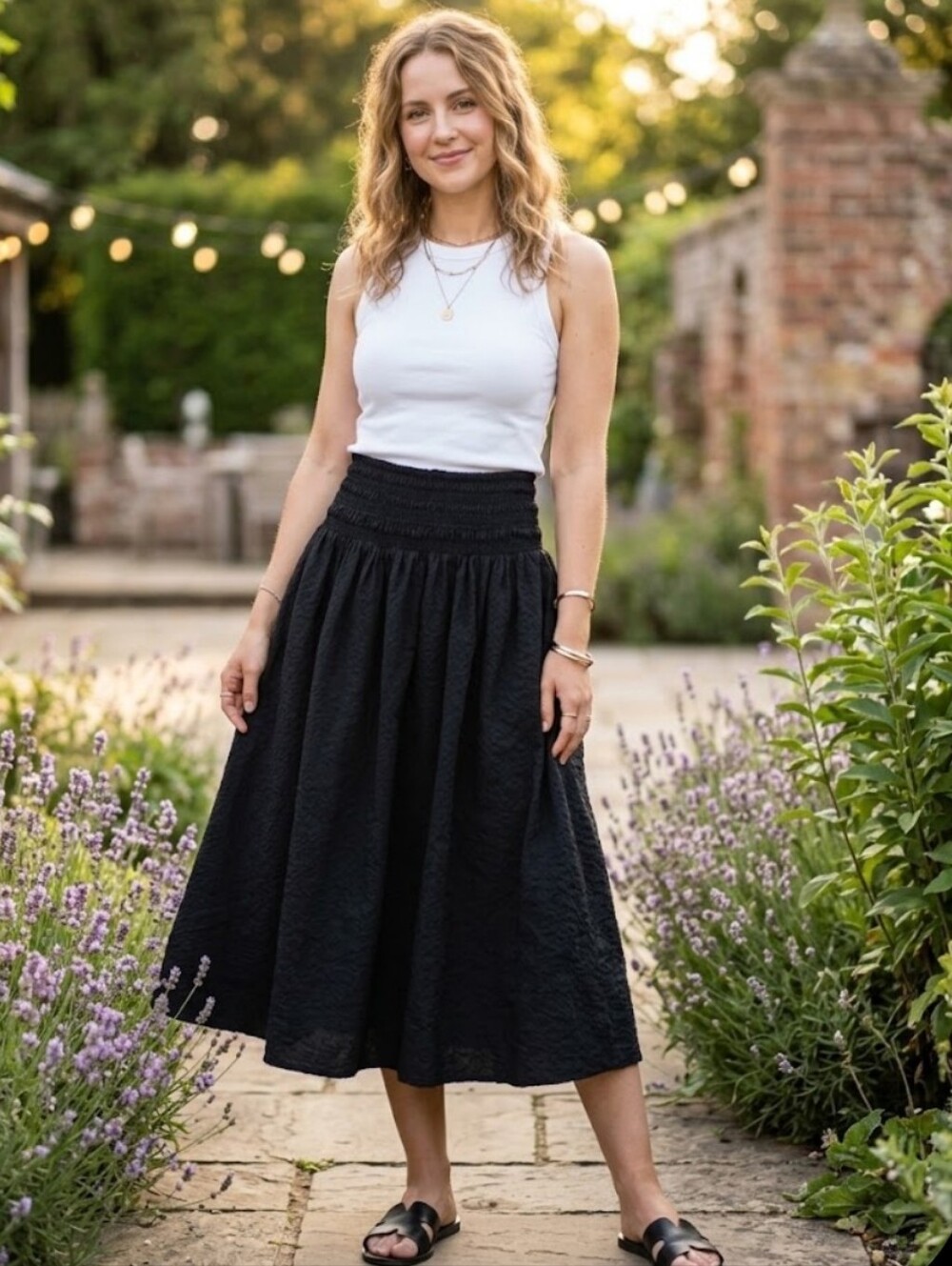AYR The Afterglow Midi Skirt Black Smocked Waist Textured Poplin Size XS
